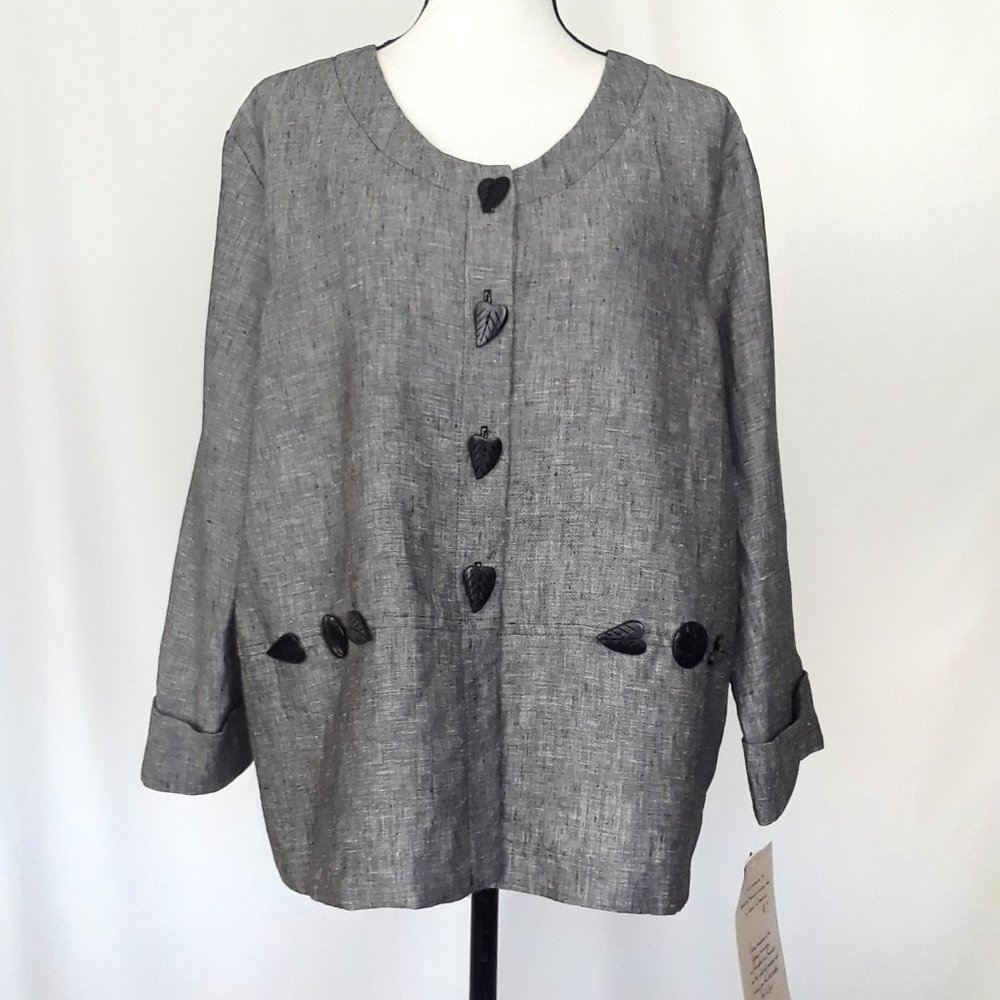 Vintage 1980s Deadstock Grey Linen Button Down Light Jacket Size 14